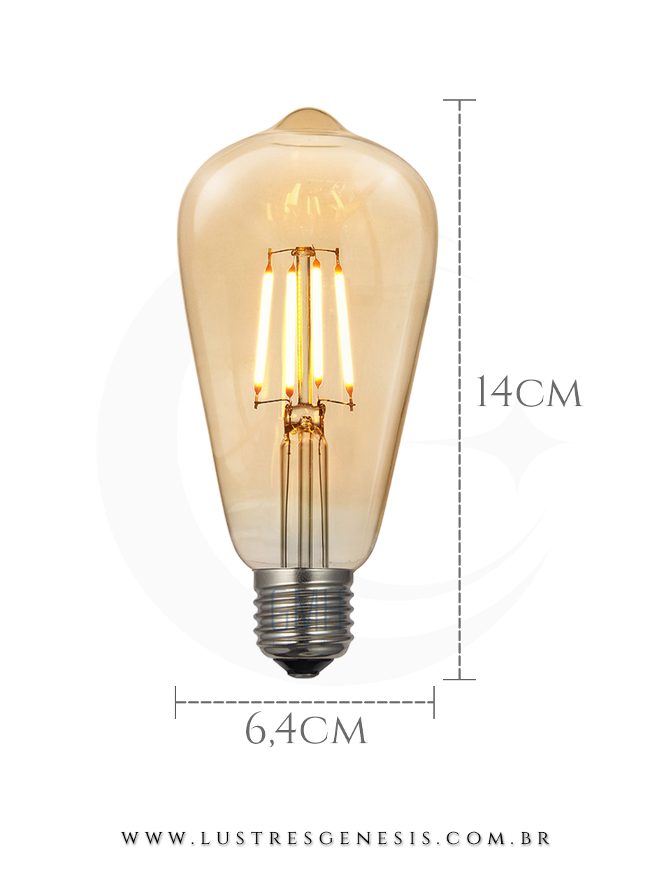 Lâmpada de filamento LED vintage ST64 Thomas Edison 4W, estilo retrô, da marca GMH, com vidro âmbar, ideal para decoração e iluminação aconchegante.